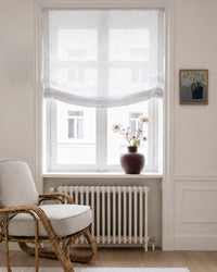 White Relaxed Blind in Sheer Linen Fabric with chair
