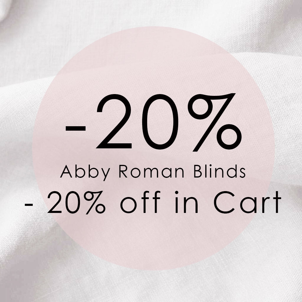 20% discount for Abby White Linen Roman blinds