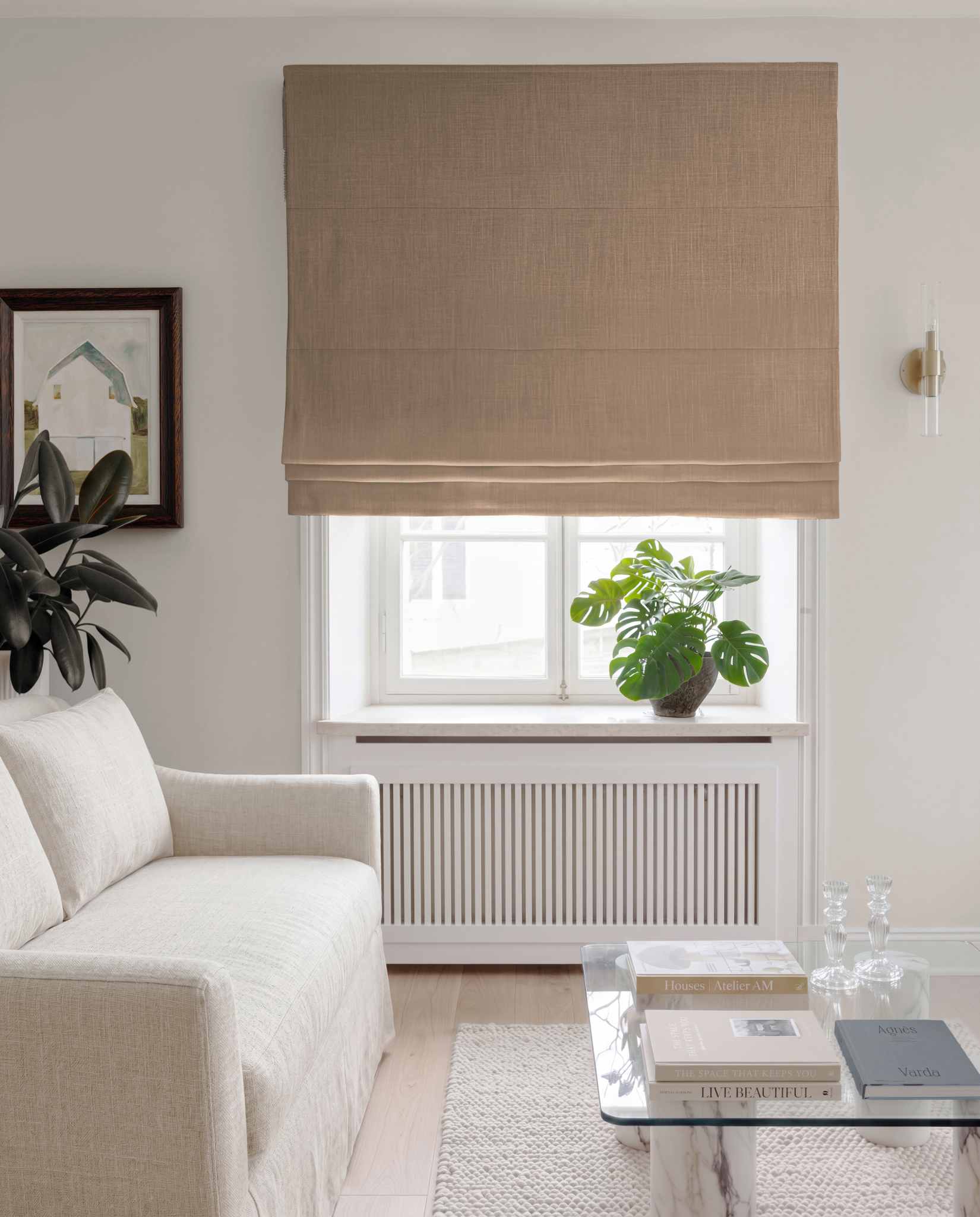 Beige Brown Linen Roman blind blackout lined - pre-washed 100% linen. Bianco Tawny by Ada & Ina.