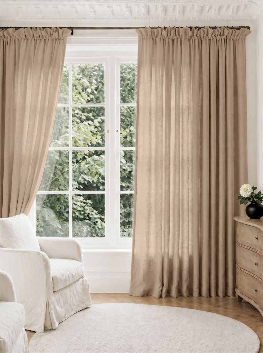 Beige Brown Pleated Linen curtains for Living room. Made of pre-washed linen Bianco Tawny by Ada & Ina.