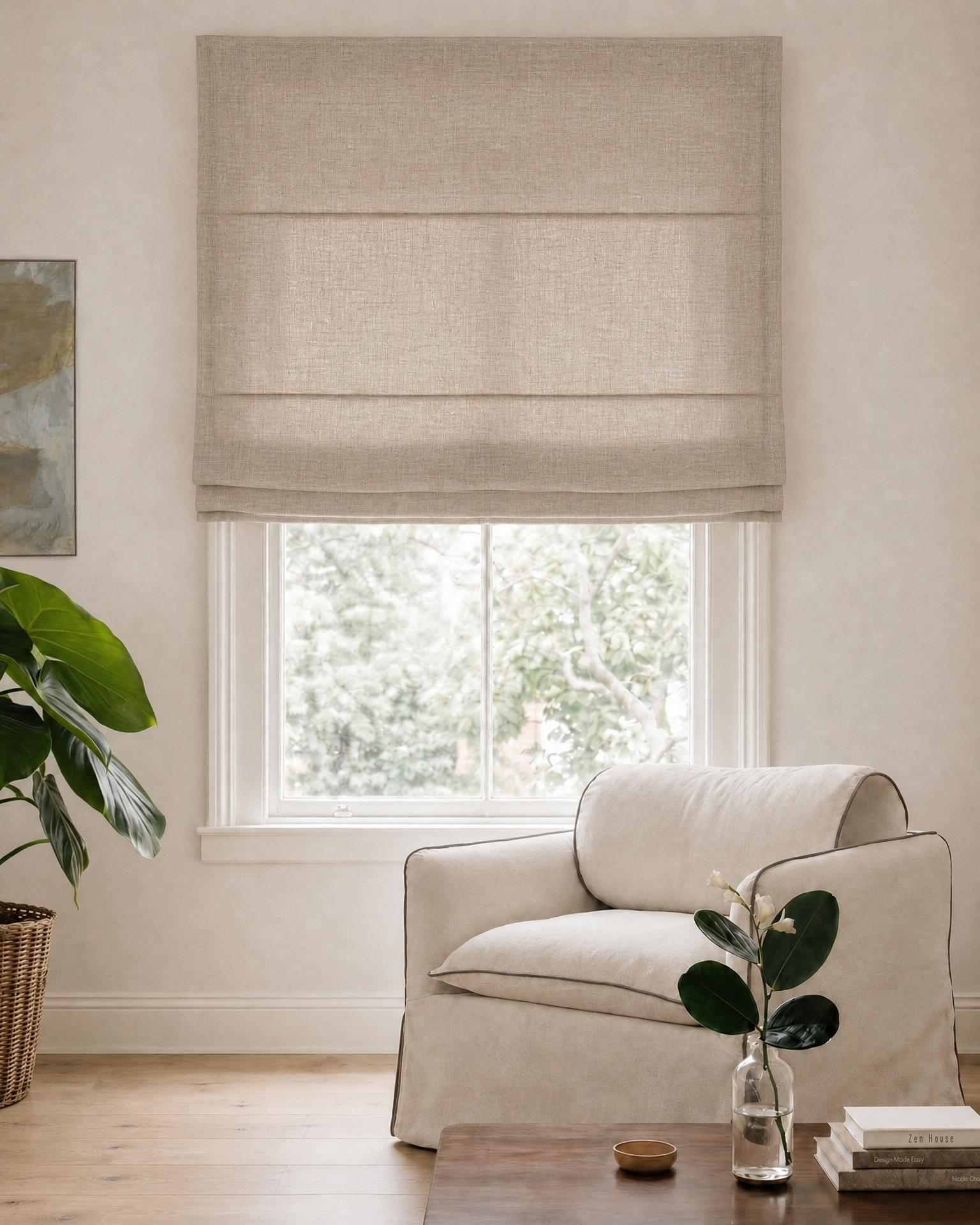 Beige Roman blind. Made of soft Linen Cotton fabric Enni Dusk Beige by Ada & Ina