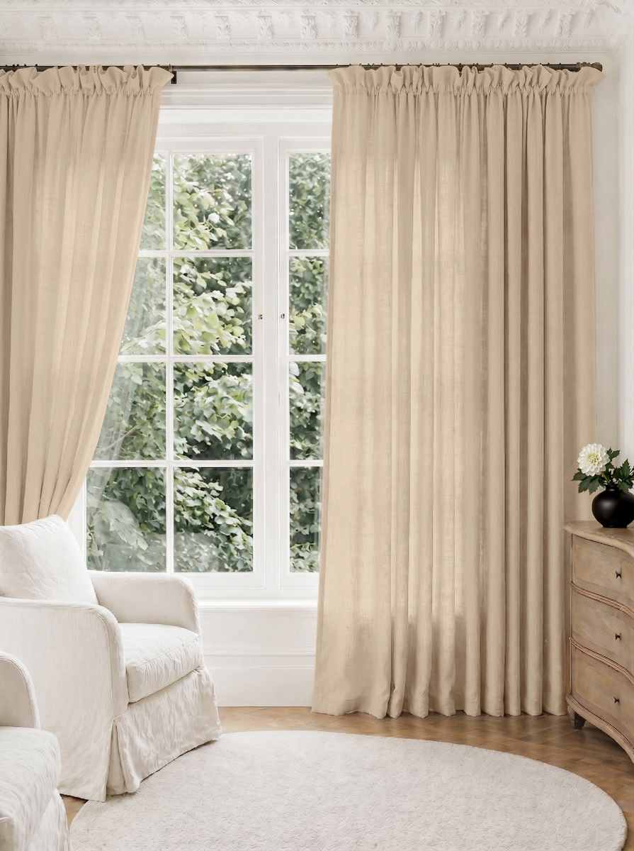 Beige Pleated Linen curtains for Living room. Made of pre-washed linen Bianco Wheat by Ada & Ina.