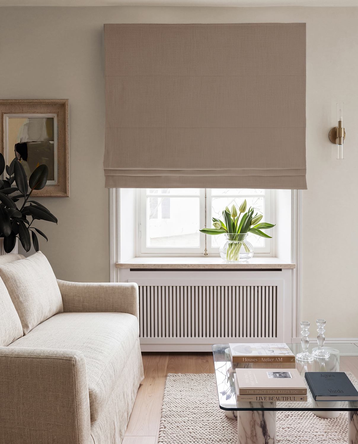 Beige 100% Linen Roman Blind with Blackout lining. Bea Sand by Ada & Ina Fabrics