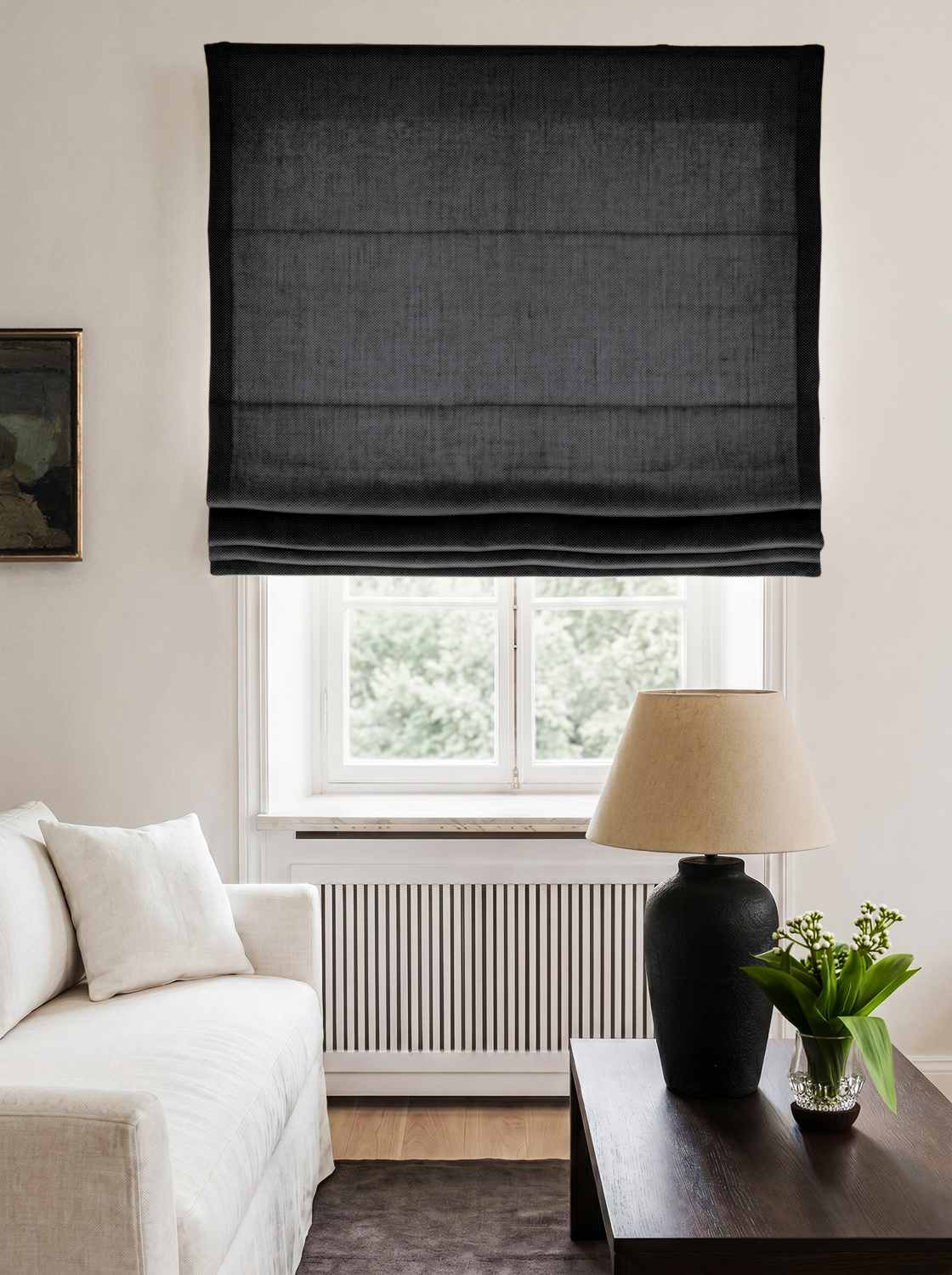 Black Made to measure linen roman blind - Cotton Lined. Greta Noir.