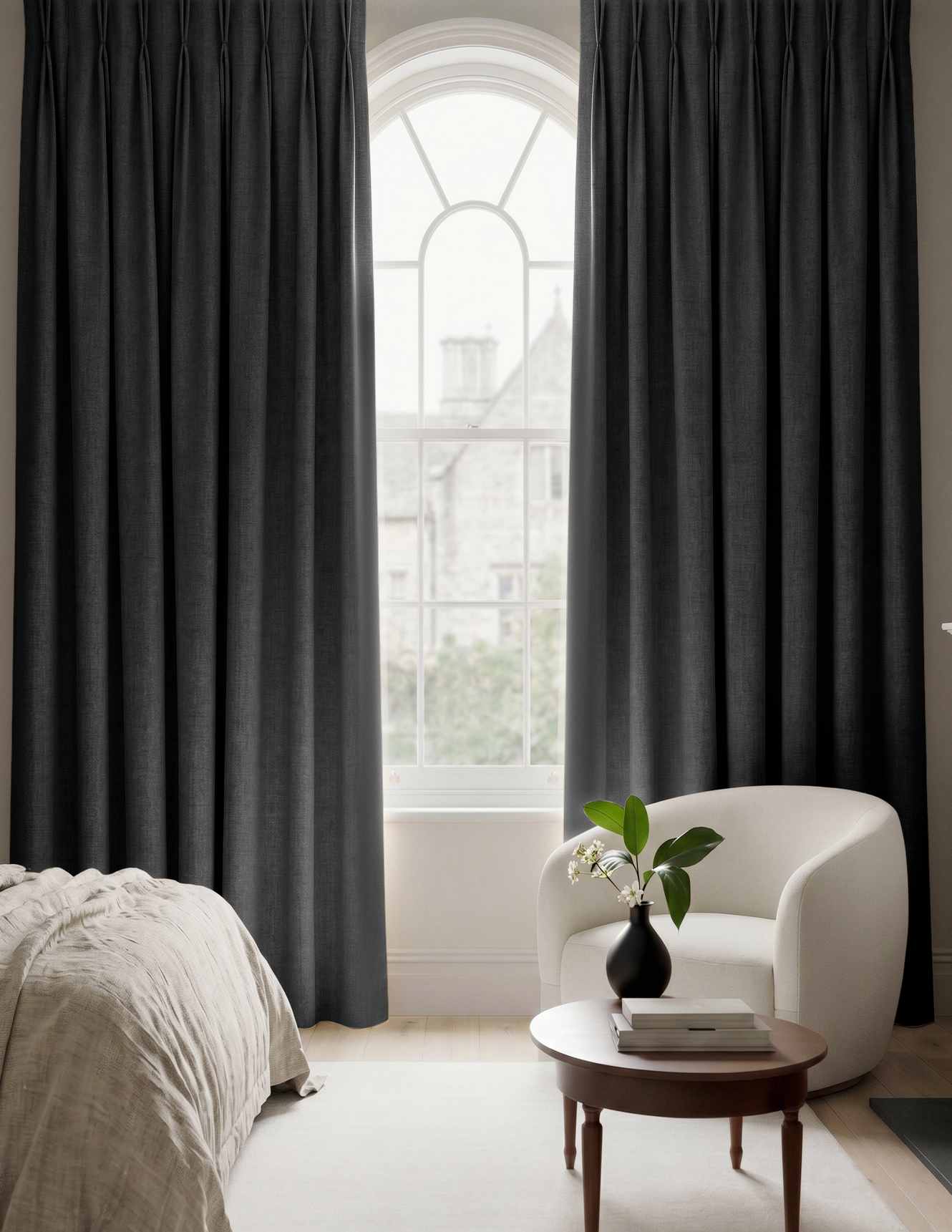 Black Made to measure linen curtains - Blackout lined 100% linen Pleated heading. Greta Noir.