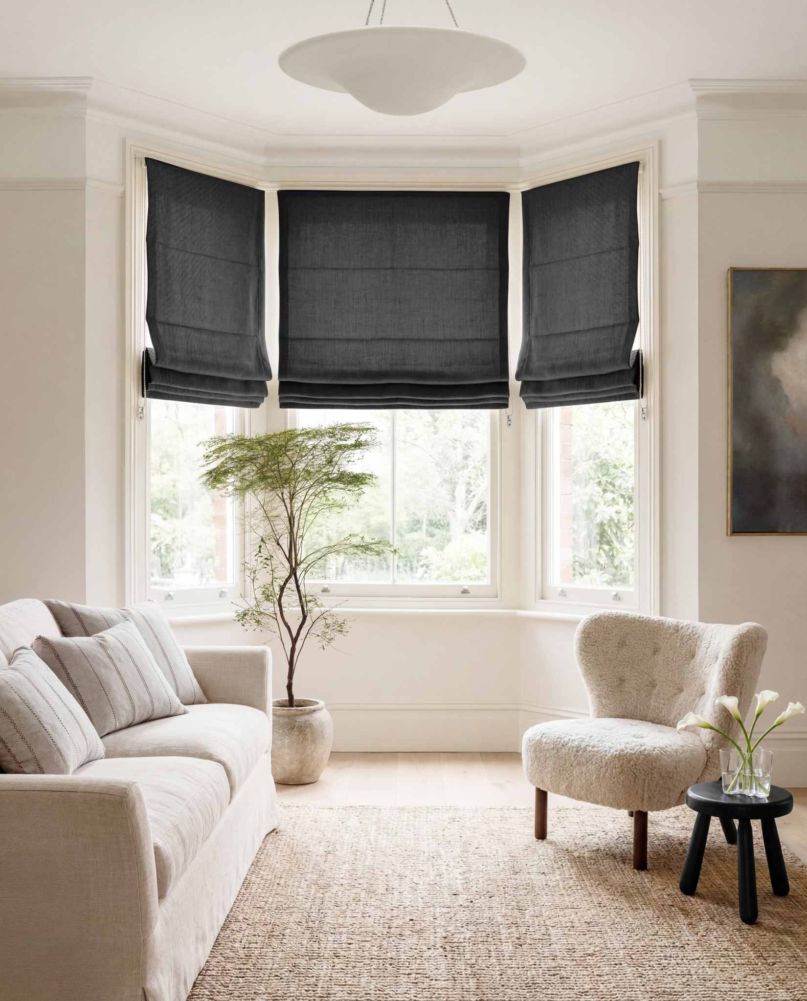 Black Linen Bay window roman blinds for Living room and bedroom. Lined. Greta Noir.