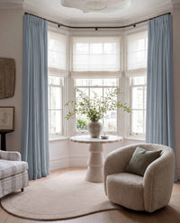 Blue 100% Linen Bay window curtains. Bea Beau Blue by Ada & Ina