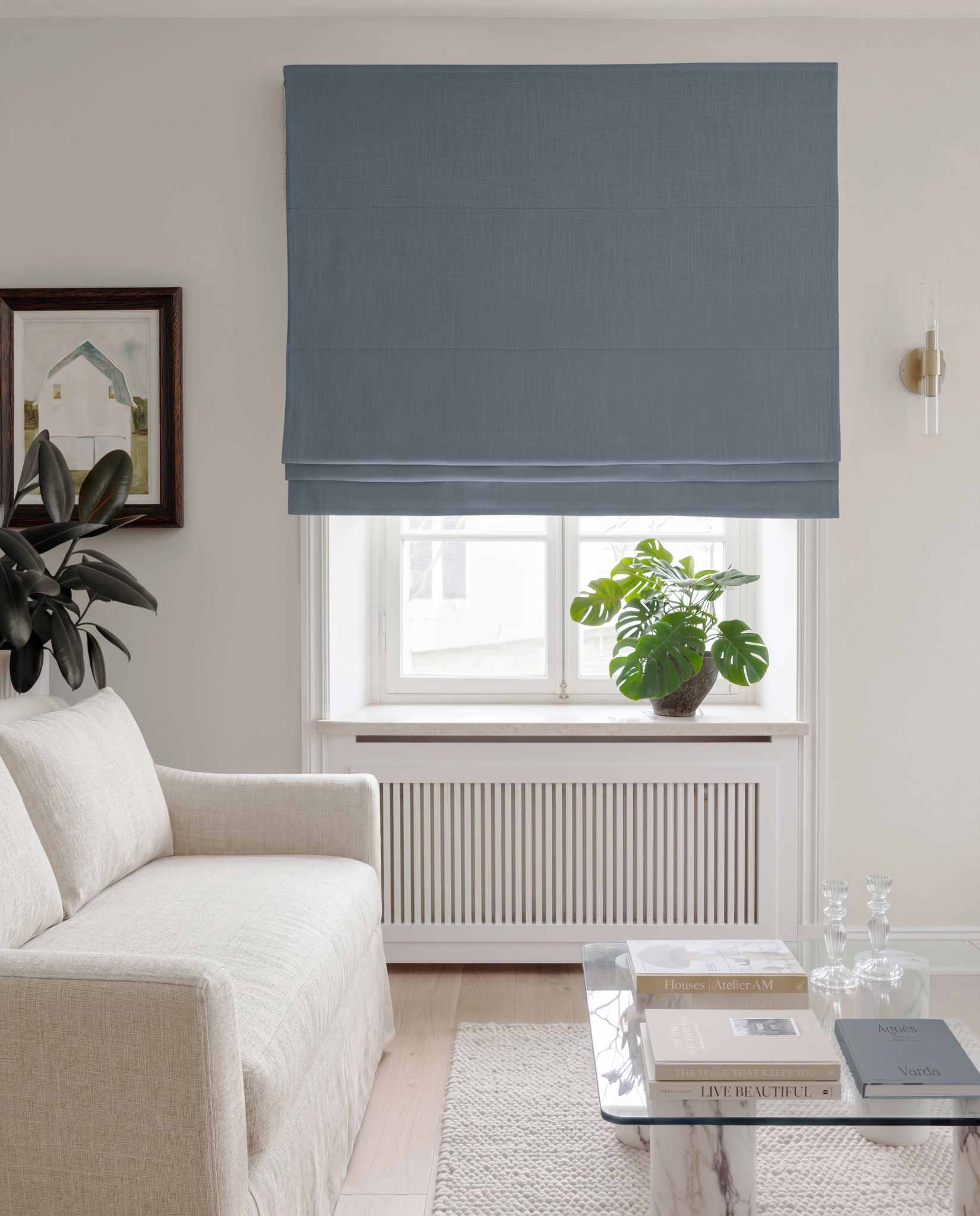 Blue Linen Roman blind blackout lined - pre-washed 100% linen. Bianco Blue Grey by Ada & Ina.