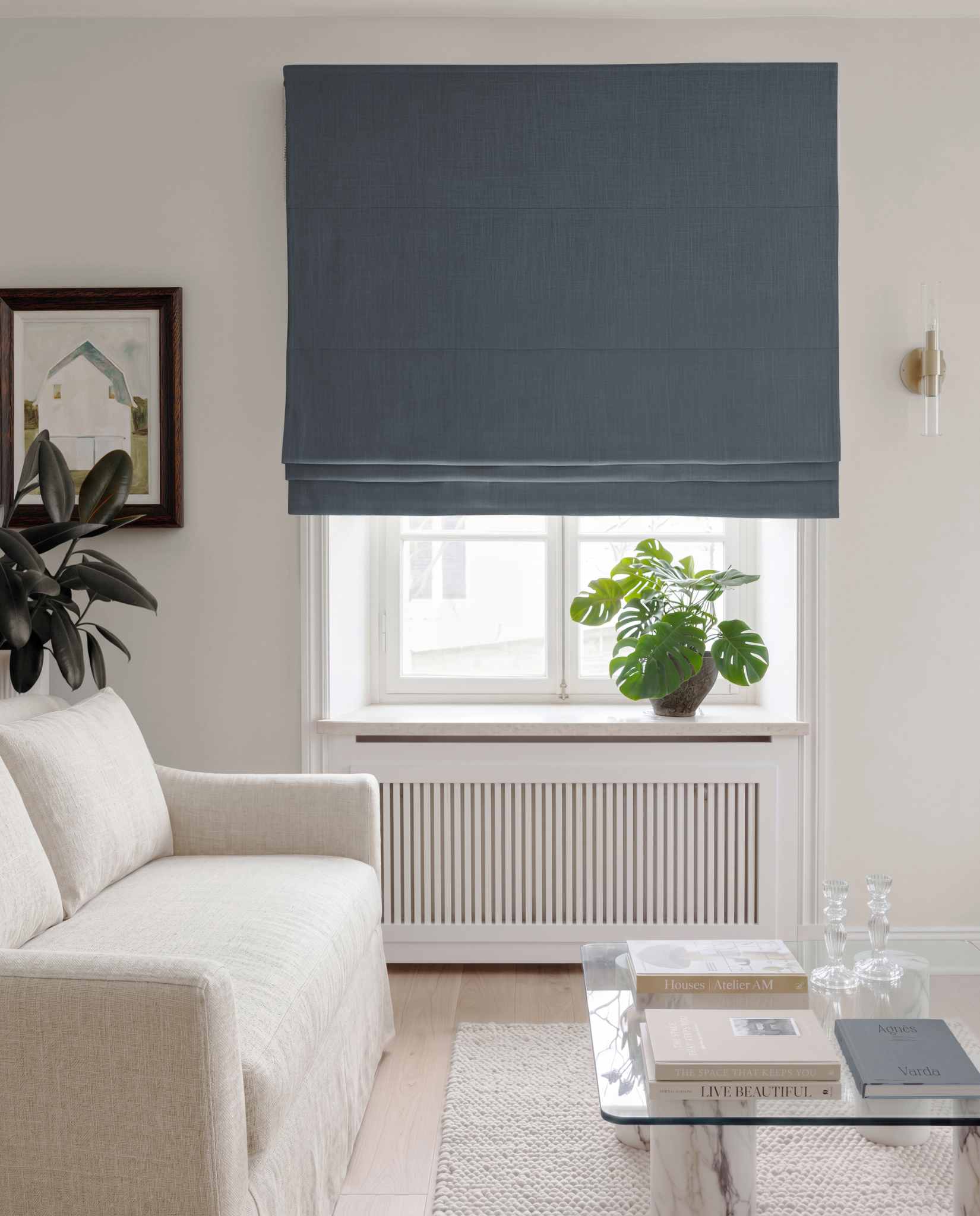 Blue Linen Roman blind blackout lined - pre-washed 100% linen. Bianco Foggy Blue by Ada & Ina.