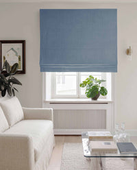 Blue Linen Roman blind blackout lined - pre-washed 100% linen. Bianco Persian Blue by Ada & Ina.