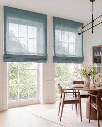 Blue Linen Roman blinds. Made of 280 cm wide soft 100% Linen fabric Vilgot Legion Blue by Ada & Ina