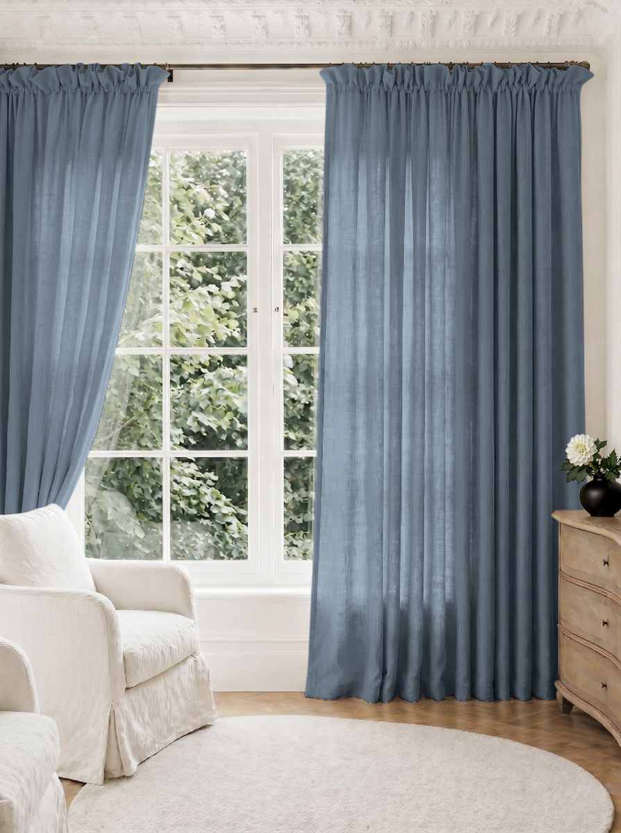Blue Pleated Linen curtains for Living room. Made of pre-washed linen Bianco Persian Blue by Ada & Ina.
