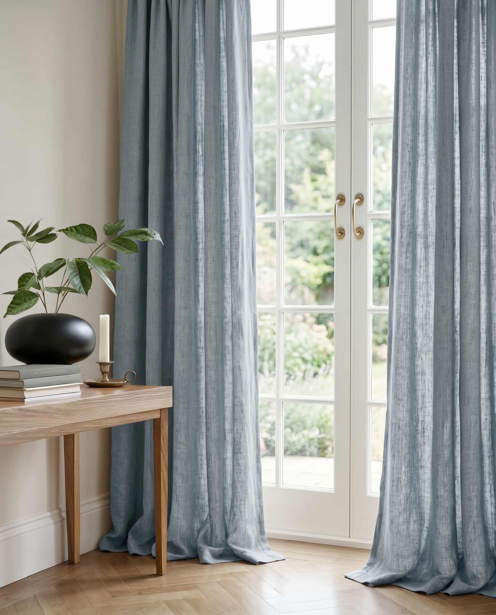 Blue Linen Curtains with puddling. 100% Linen.