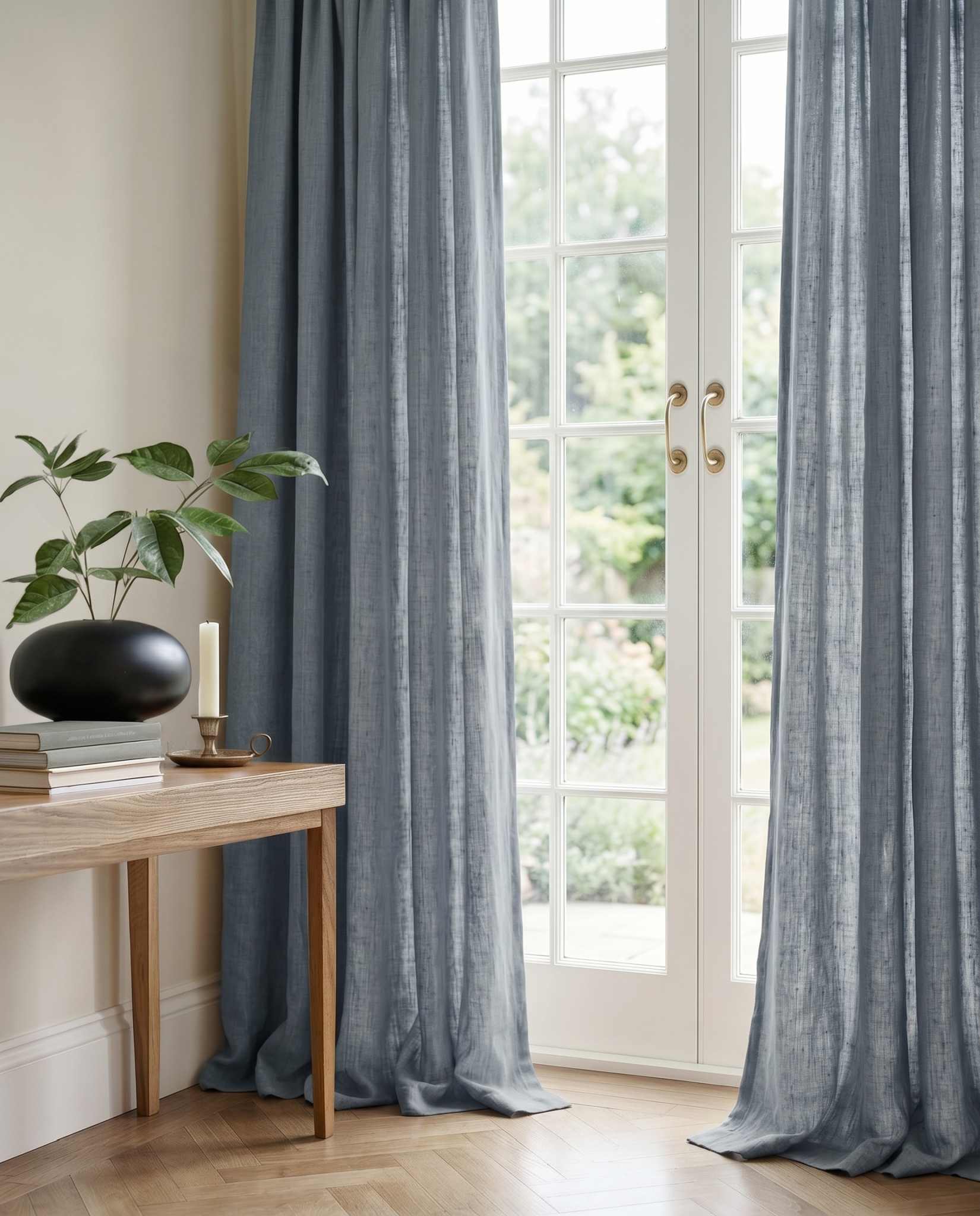 Blue 100% Linen Curtains with puddling
