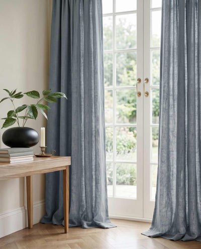 Blue 100% Linen Curtains with puddling