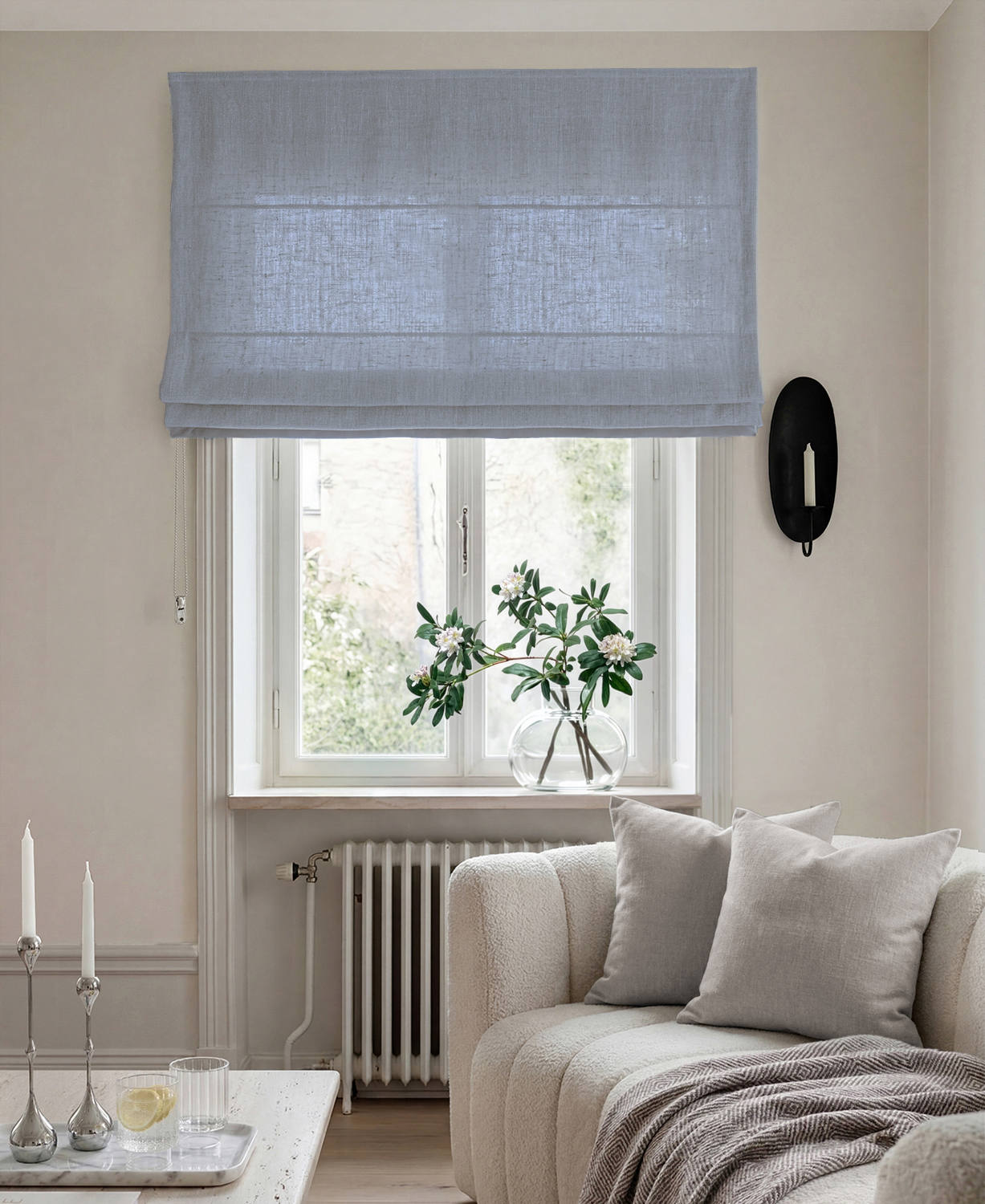 Blue 100% Linen Roman blind. Bea Beau Blue by Ada & Ina Fabrics