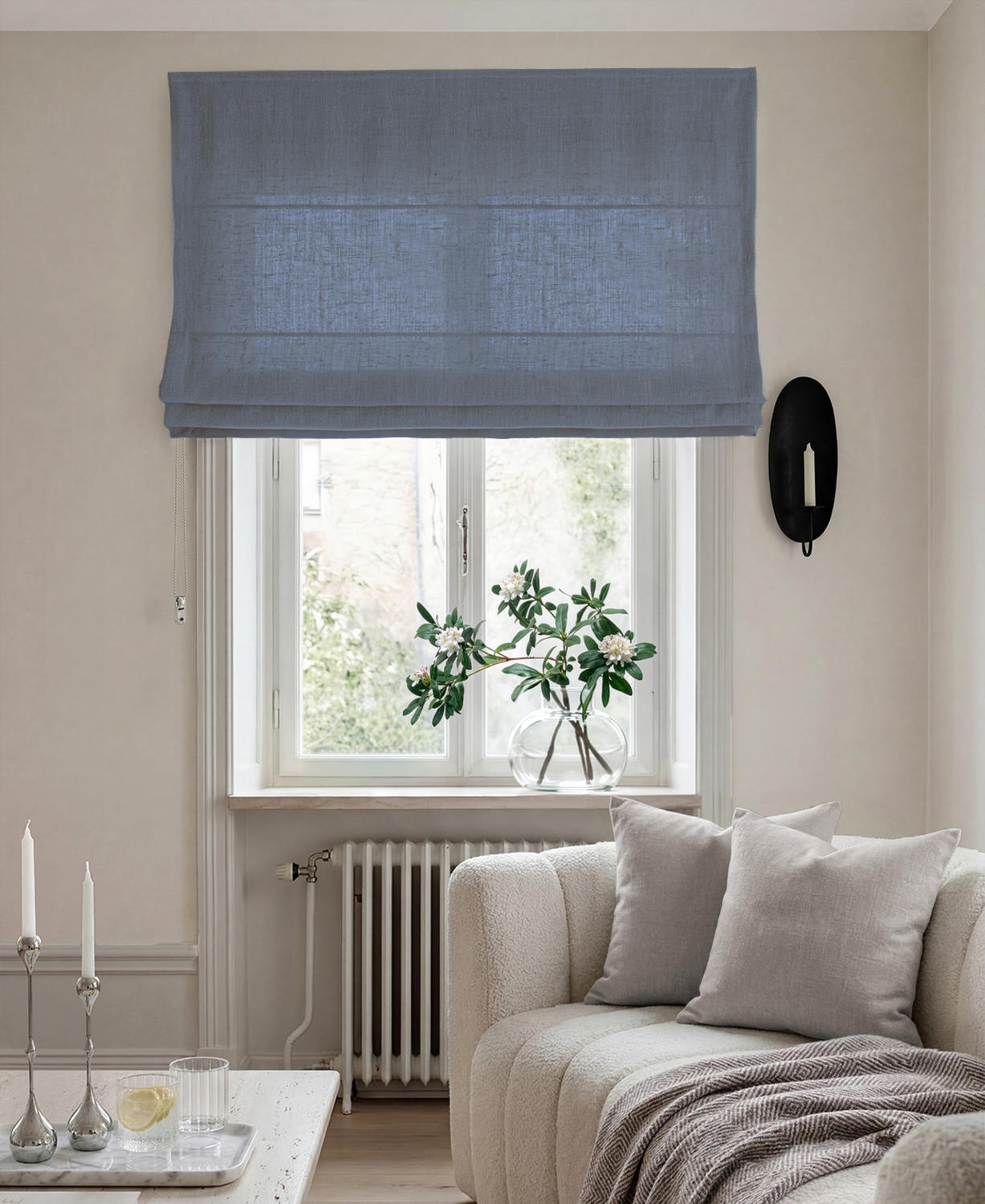 Blue 100% Linen Roman blind. Bea Denim by Ada & Ina Fabrics