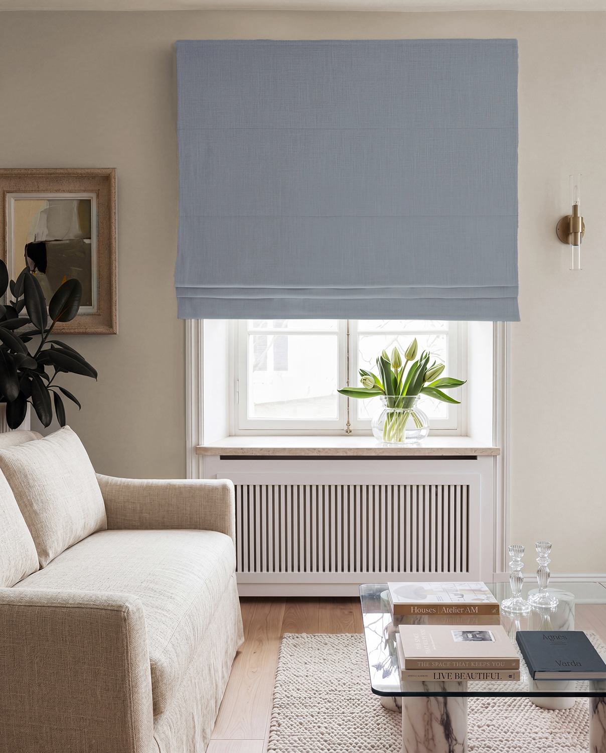 Blue Linen Roman Blind with Blackout lining. 100% Linen. Bea Beau Blue by Ada & Ina