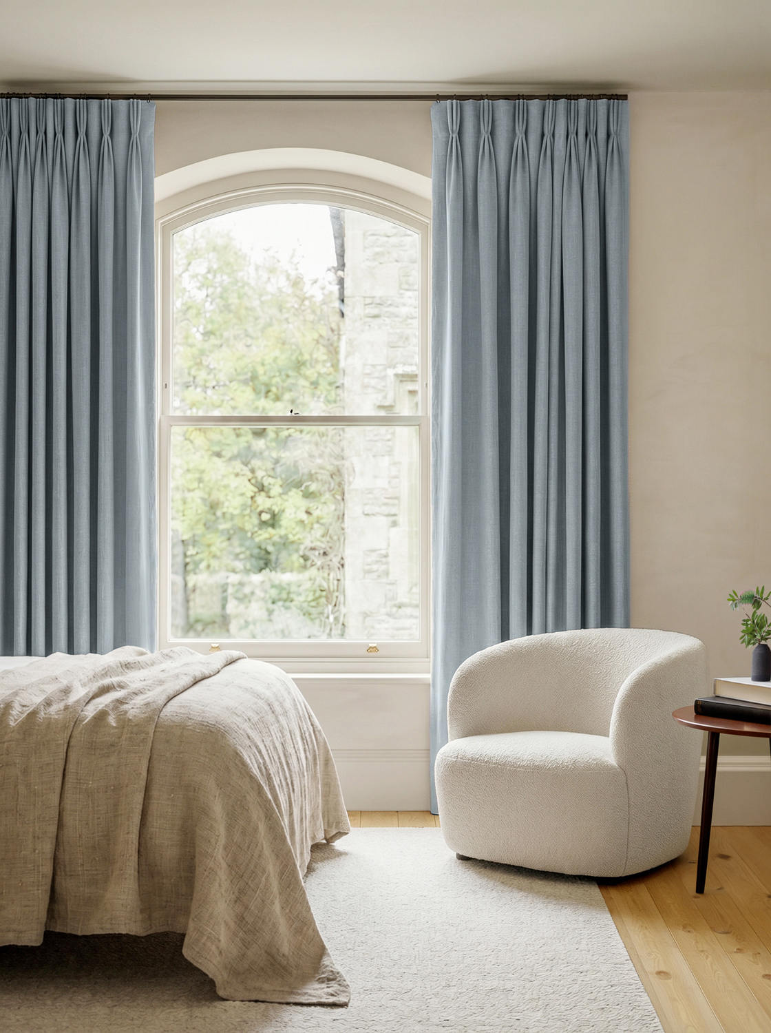 Blue 100% Linen Triple Pleat curtains. Bea Beau Blue by Ada & Ina