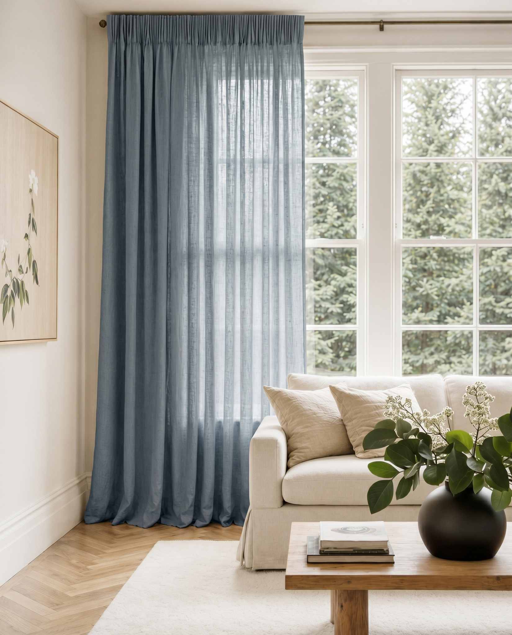 Greyish Blue Pleated linen curtains
