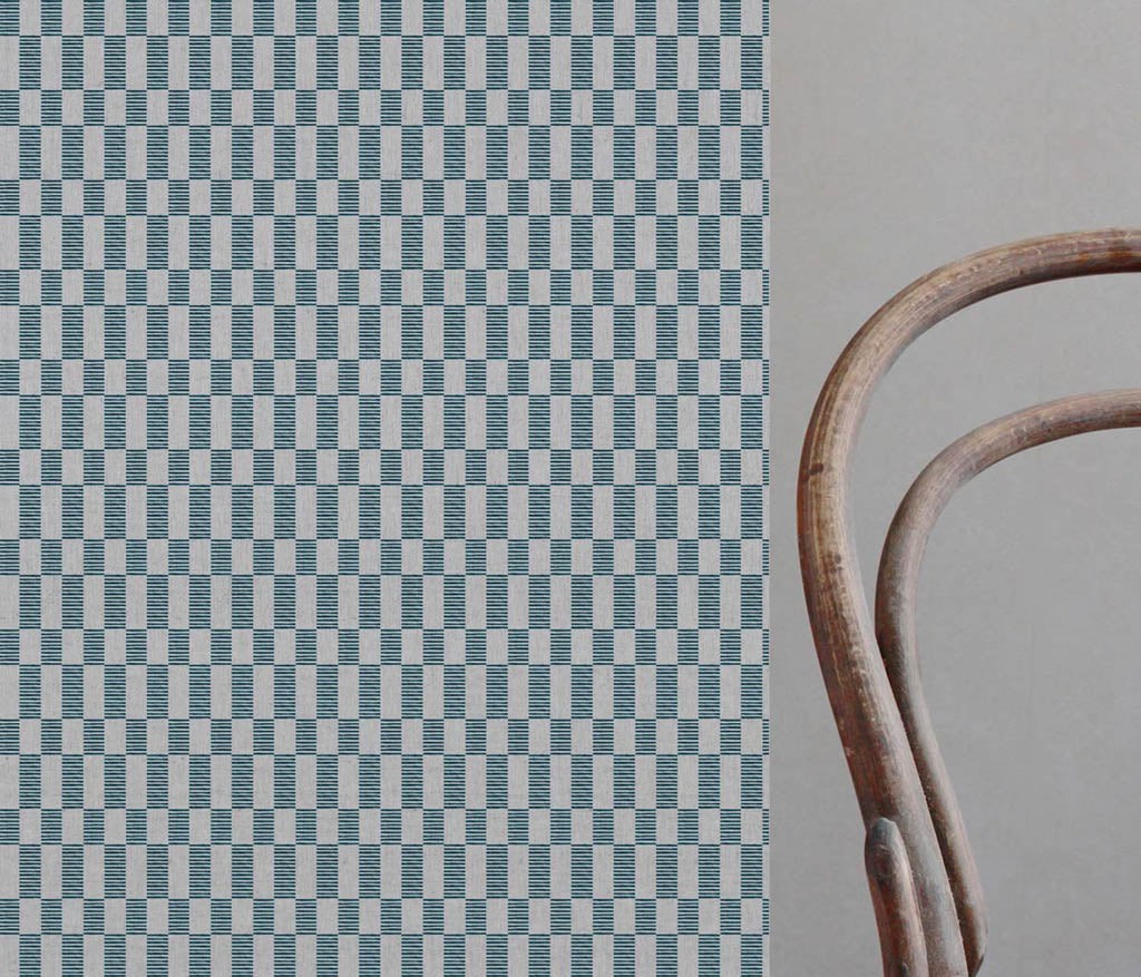 Sunni Blue Stone - Natural curtain fabric with Blue Checkered print