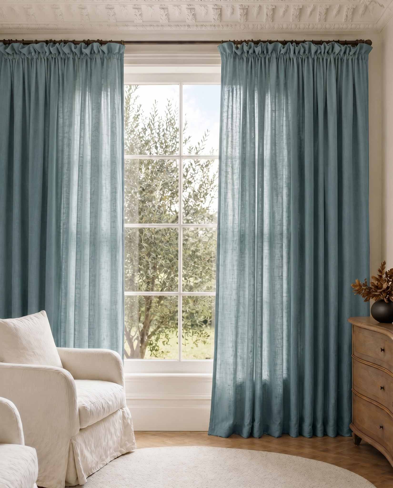 Blue Wide Linen Curtains. Made of double width 280 cm wide soft pure linen fabric Vilgot Legion Blue by Ada & Ina