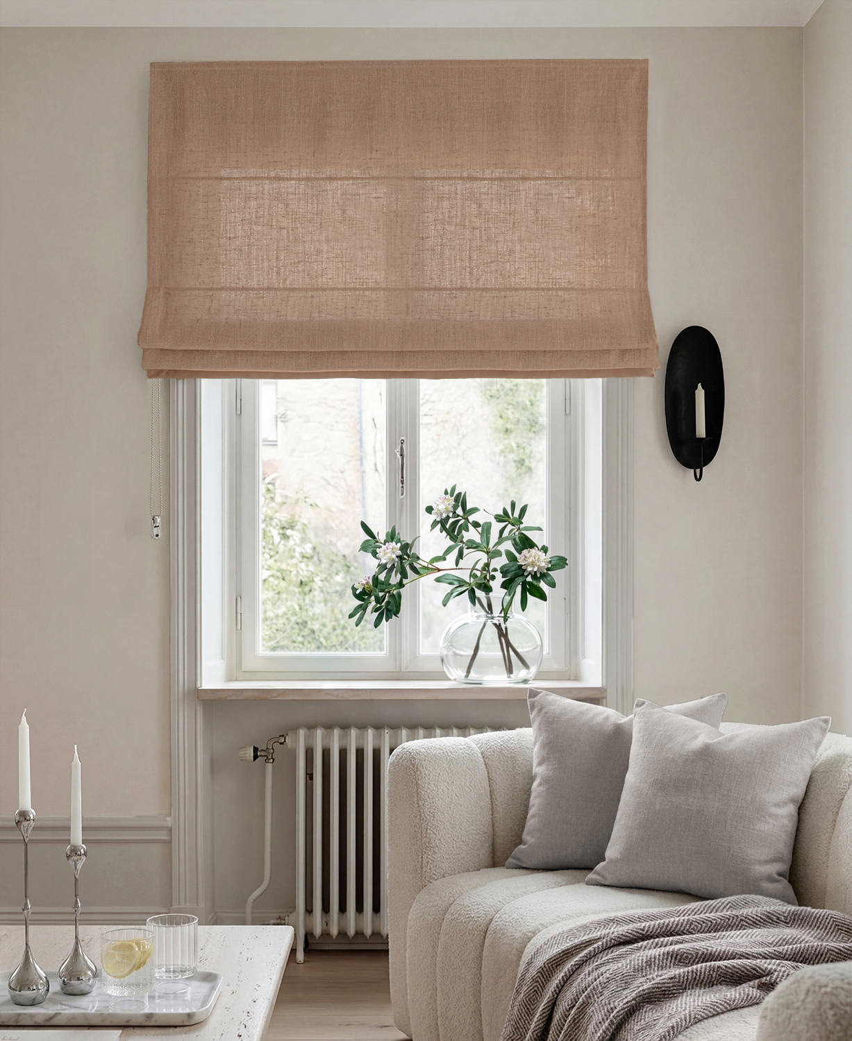 Brown 100% Linen Roman blind. Beata Caramel by Ada & Ina Fabrics