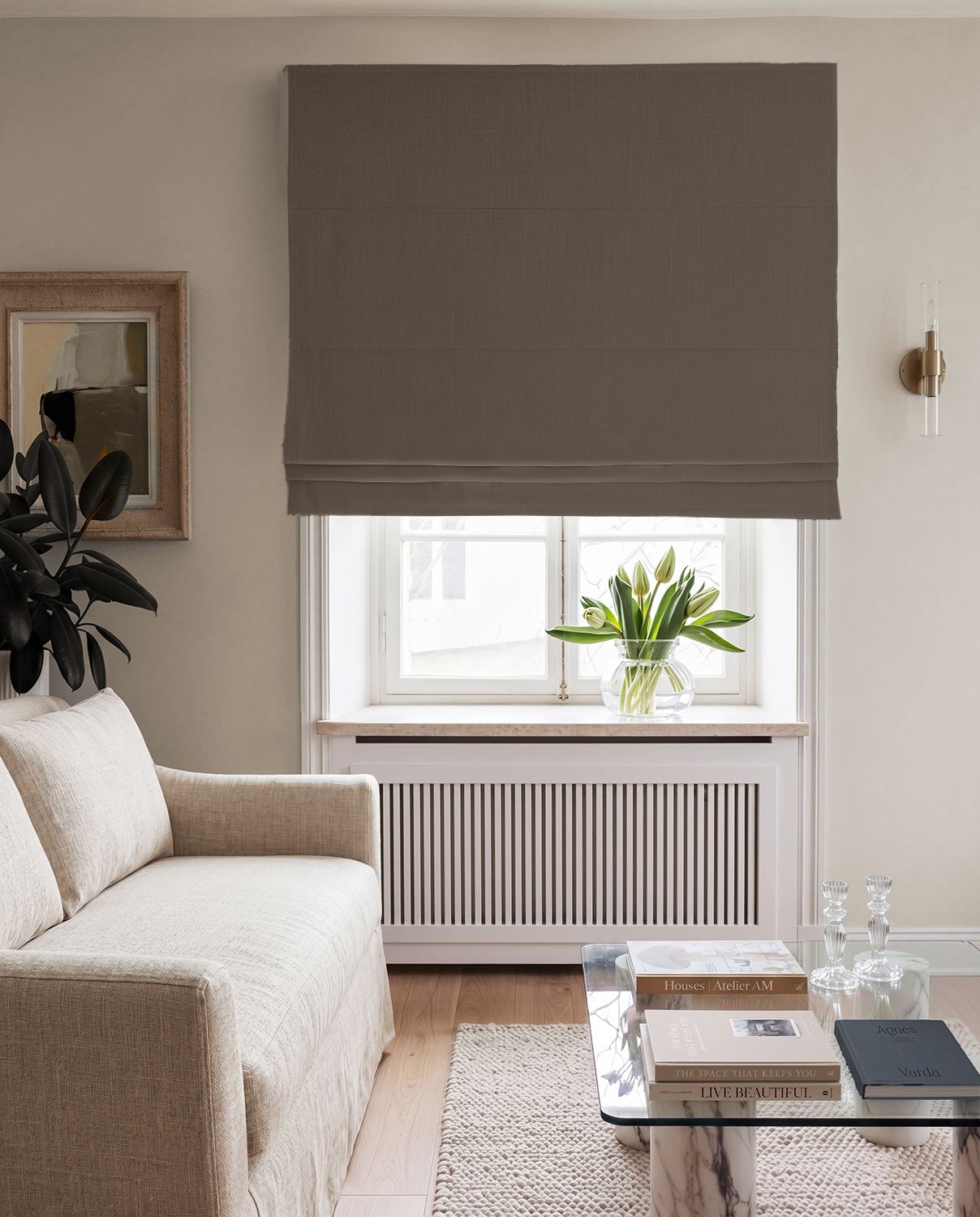 Brown 100% Linen Roman Blind with Blackout lining. Bea Cedar by Ada & Ina Fabrics