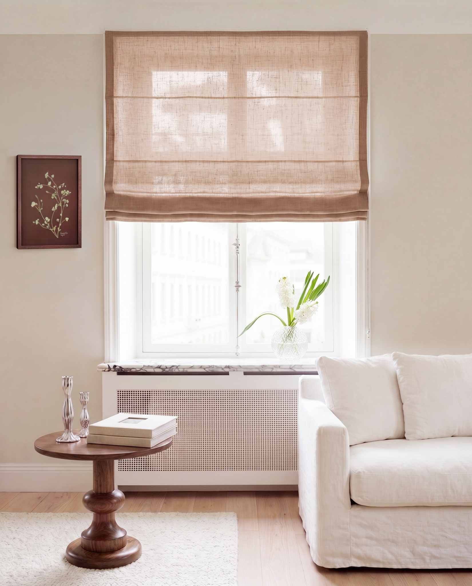 Nougat Brown Linen Roman blind. Made of 280 cm wide soft 100% Linen fabric Vilgot Nougat by Ada & Ina