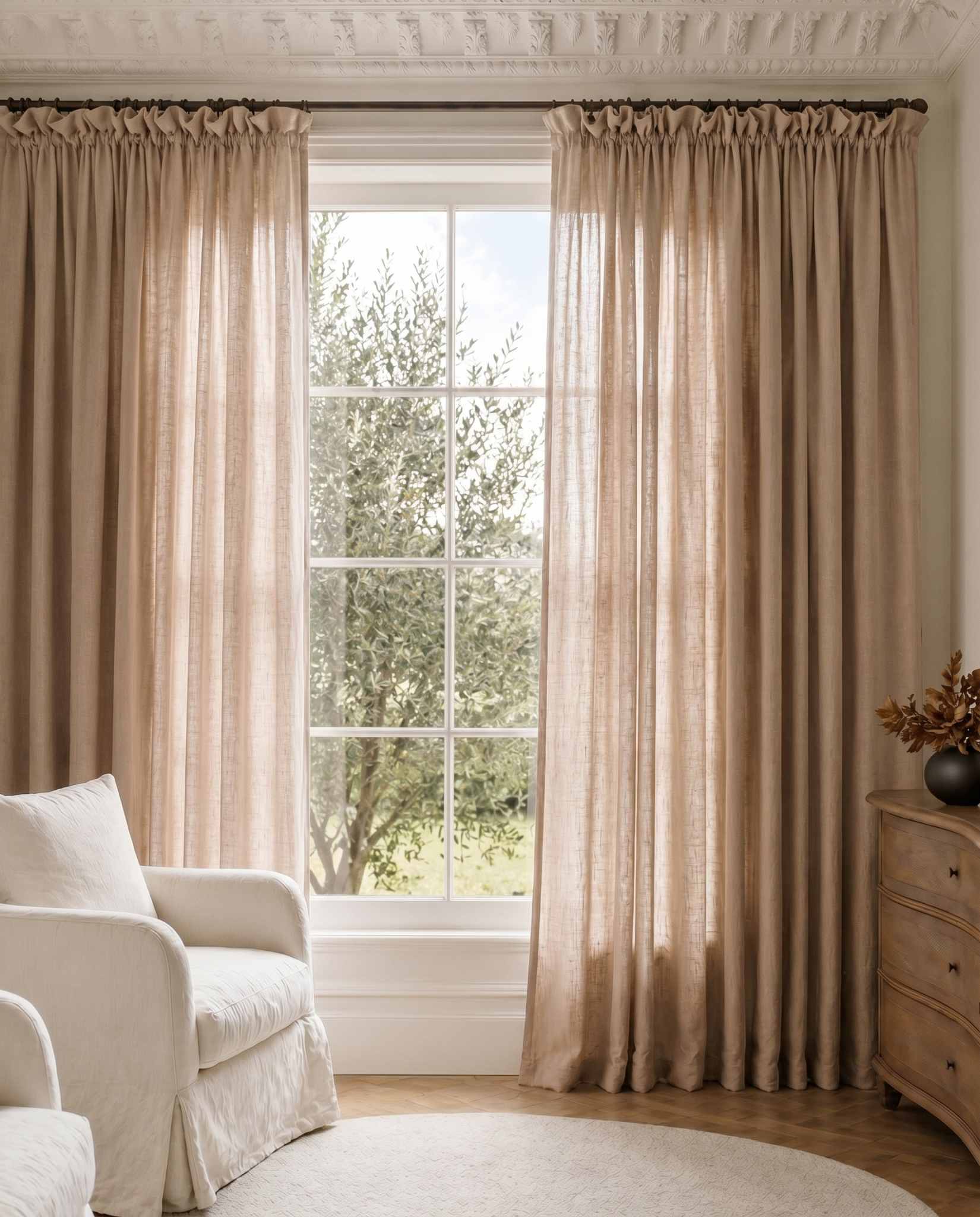 Nougat Brown Wide Linen Curtains. Made of double width 280 cm wide soft pure linen fabric Vilgot Nougat by Ada & Ina