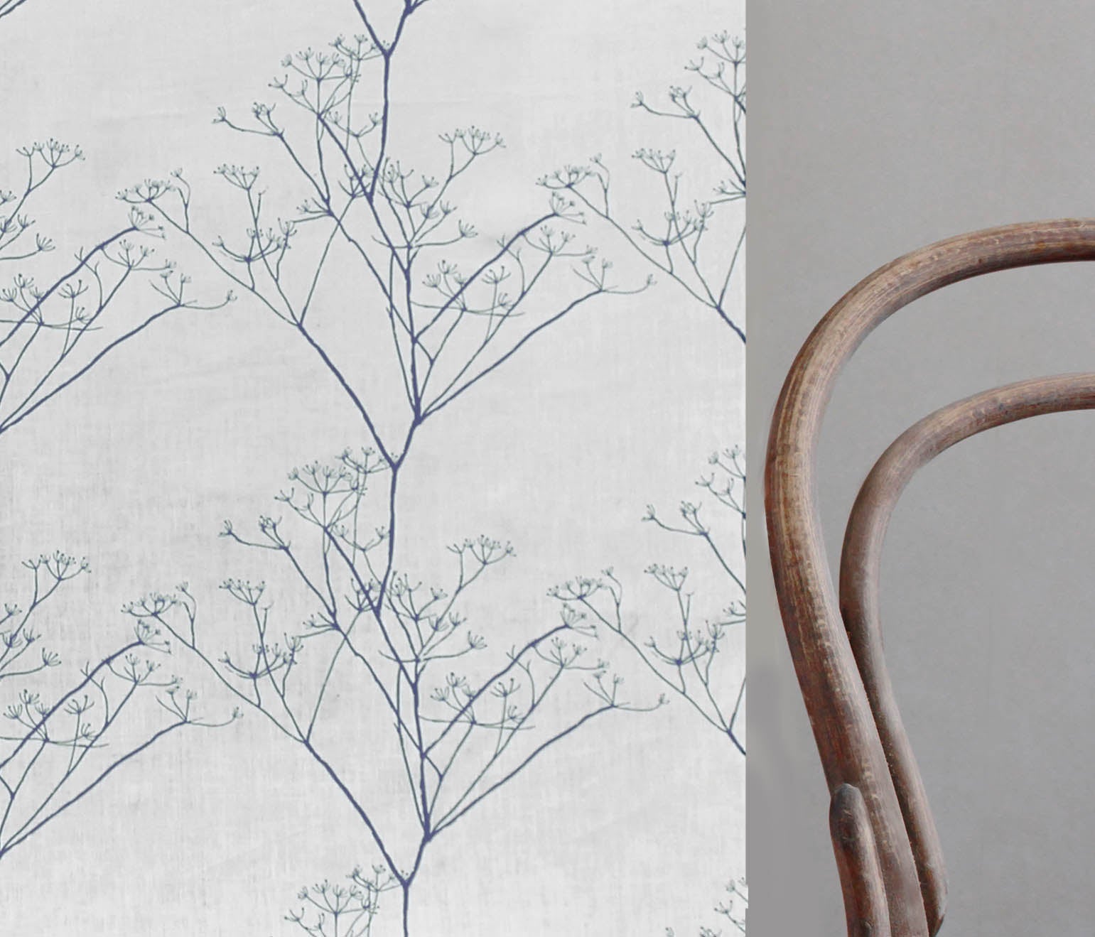 Cicely Deep Blue - White curtain fabric, Dark Blue botanical print