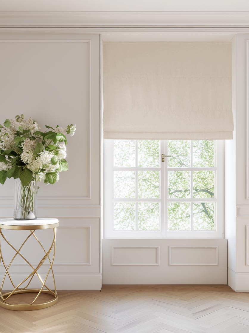 Cream coloured roman blind next to a table with flowers in a glass vase