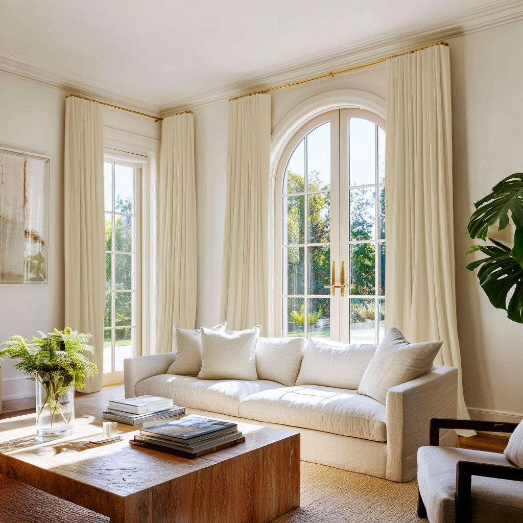 A classy living room decorated with neutral cotton curtains