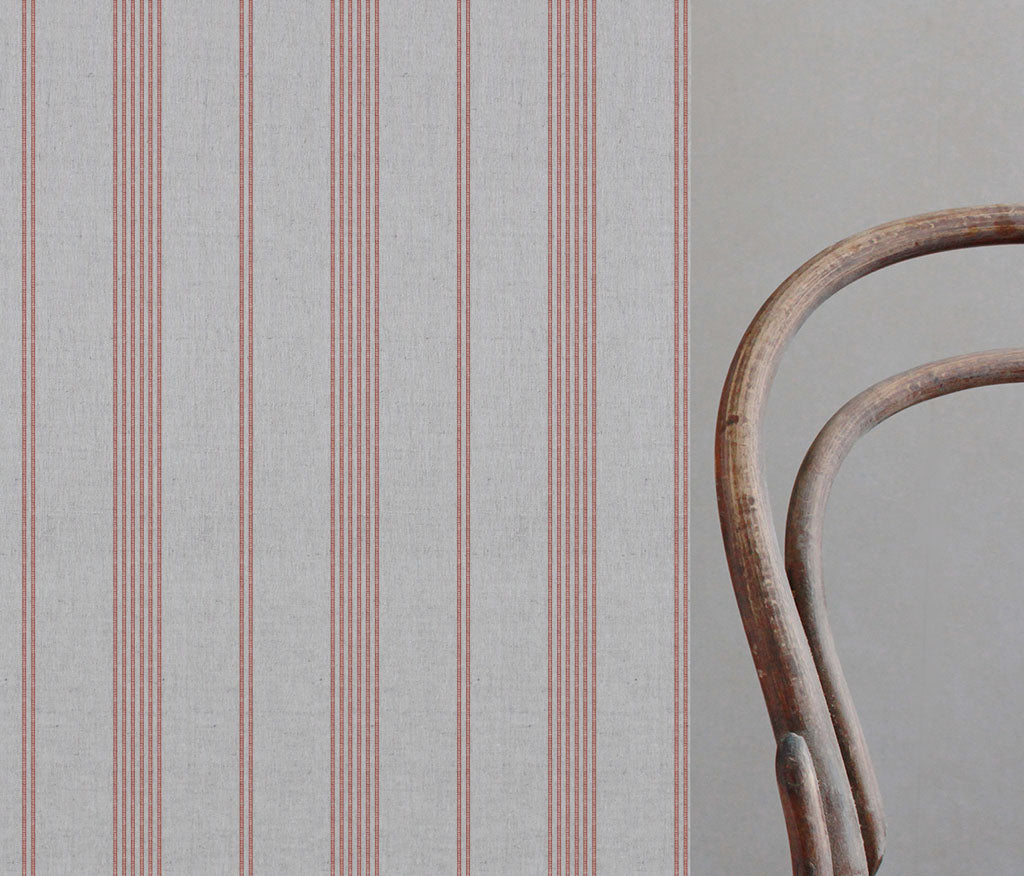 Brea Crimson Red - Natural fabric with Striped Red print