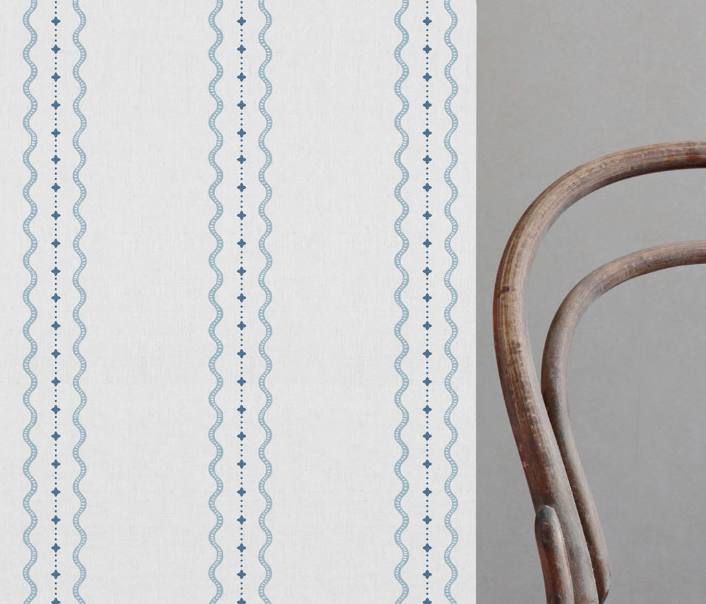 Daphne Blue-WHT - White fabric with Blue Print. Abstract Print, Linen Mix