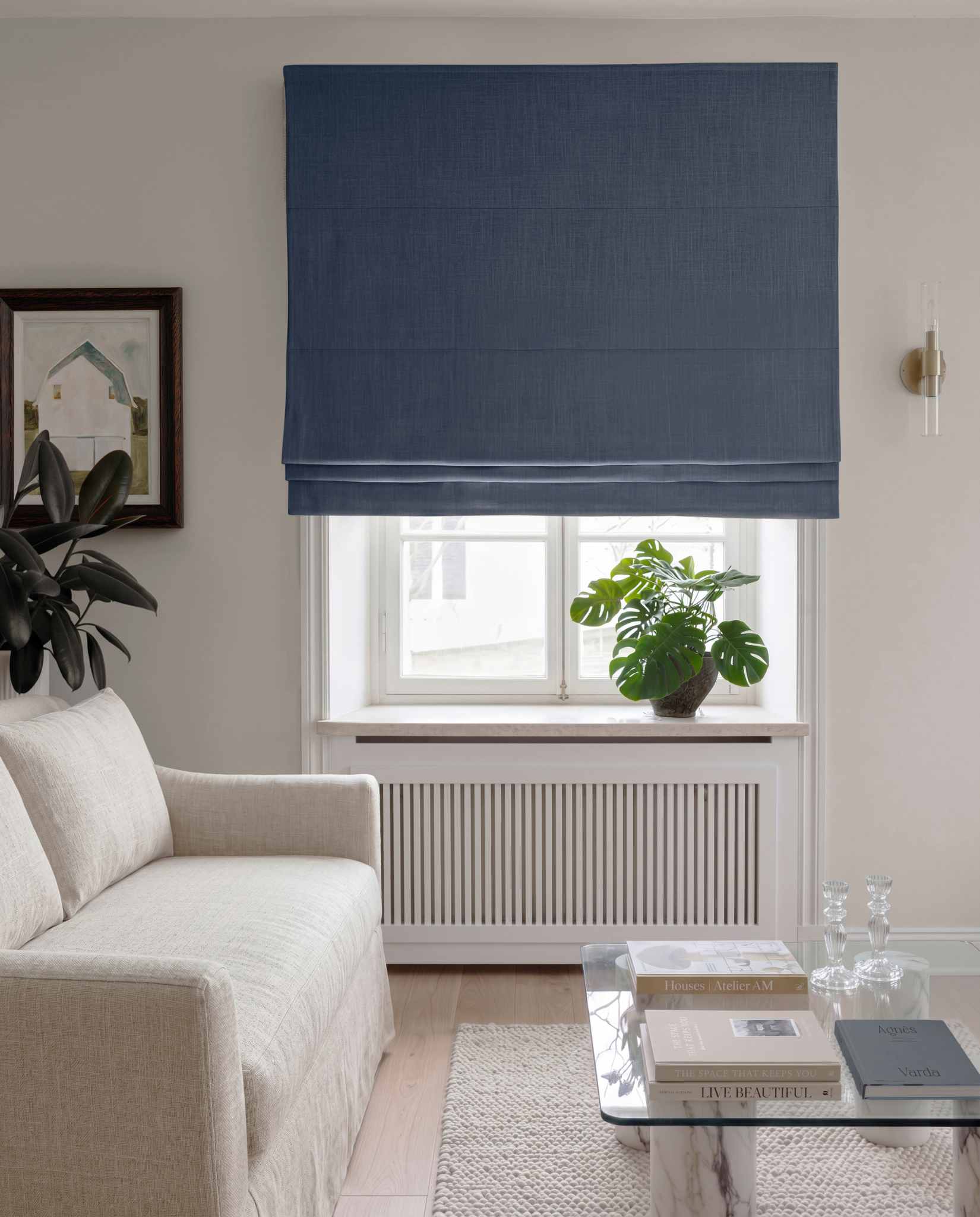 Dark Blue Linen Roman blind blackout lined - pre-washed 100% linen. Bianco Navy by Ada & Ina.