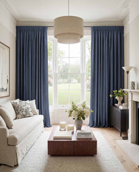 Dark Blue Made to measure linen curtains for Living room and Bedroom. Blackout lined. Greta Midnight.