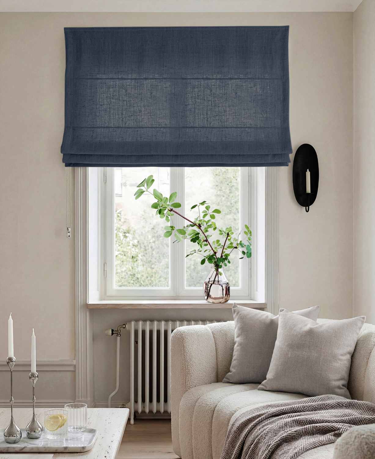 Dark Blue Linen Roman blind - Cotton lined. Made of pre-washed 100% linen Bianco Navy by Ada & Ina.