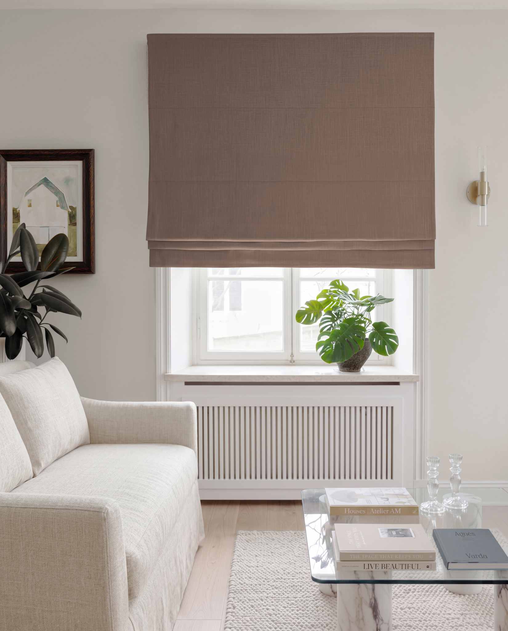 Dark Brown Linen Roman blind blackout lined - pre-washed 100% linen. Bianco Cocoa by Ada & Ina.