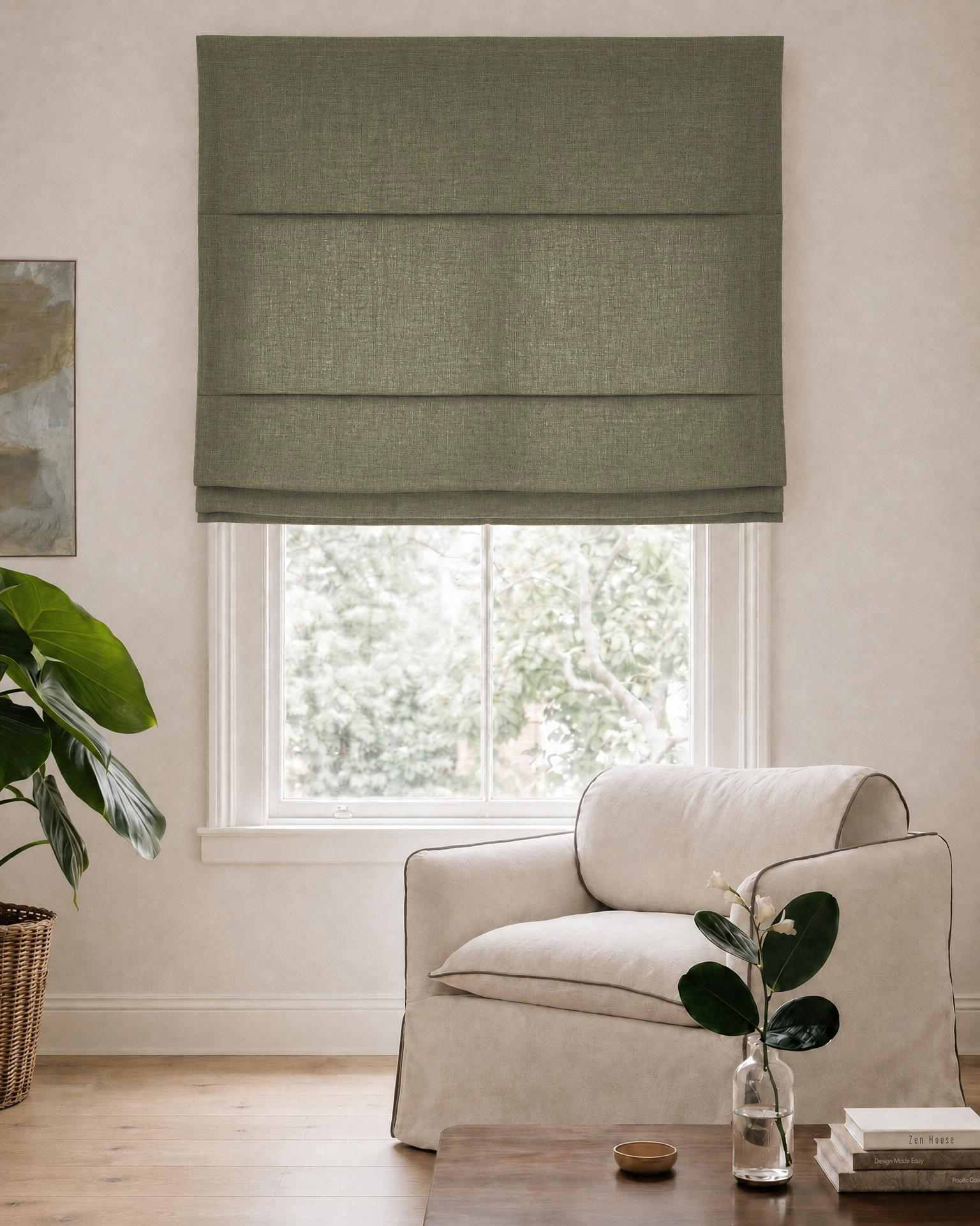 Dark Green Roman blind. Made of soft Linen Cotton fabric Enni Moss Green by Ada & Ina