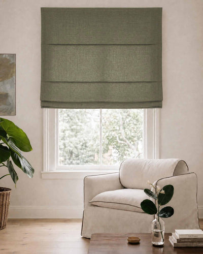 Dark Green Roman blind. Made of soft Linen Cotton fabric Enni Moss Green by Ada & Ina