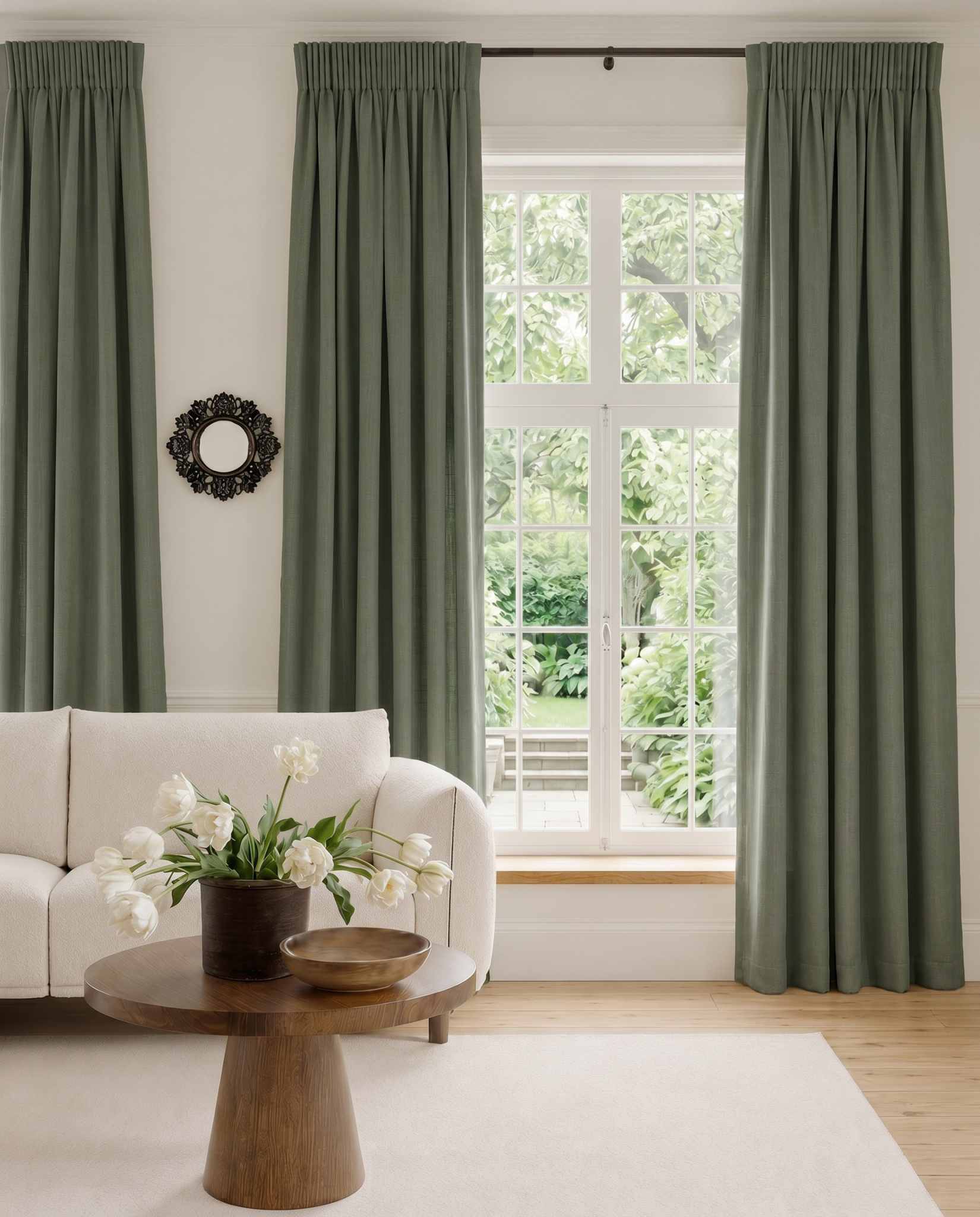 Dark Green Linen curtains with pencil pleat heading. Soft Linen Cotton material. Enni Moss Green by Ada & Ina