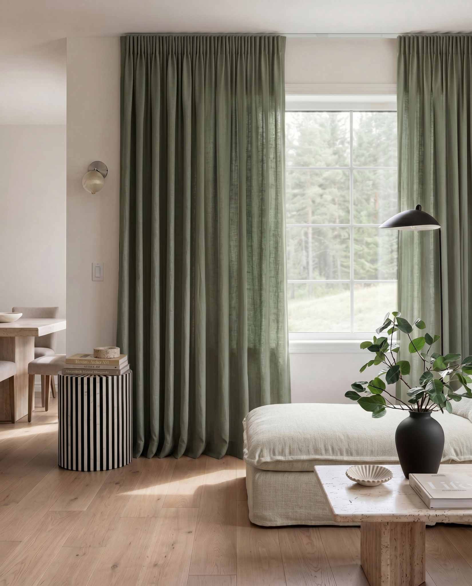 Dark Green Pleated linen curtains. Made of soft Linen Cotton fabric Enni Moss Green by Ada & Ina