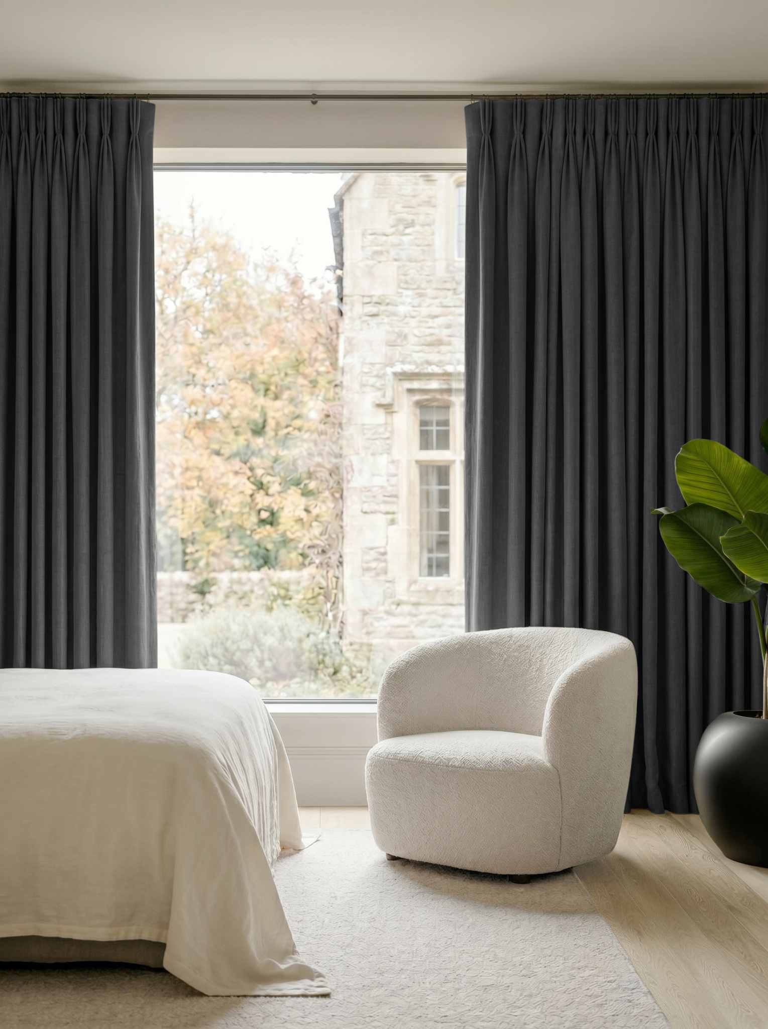 Dark Grey Bedroom Linen curtains Blackout lined - made of 100% pre-washed linen fabric Bianco Asphalt by Ada & Ina.
