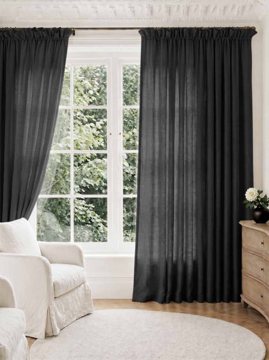 Dark Grey Pleated Linen curtains for Living room. Made of pre-washed linen Bianco Asphalt by Ada & Ina.