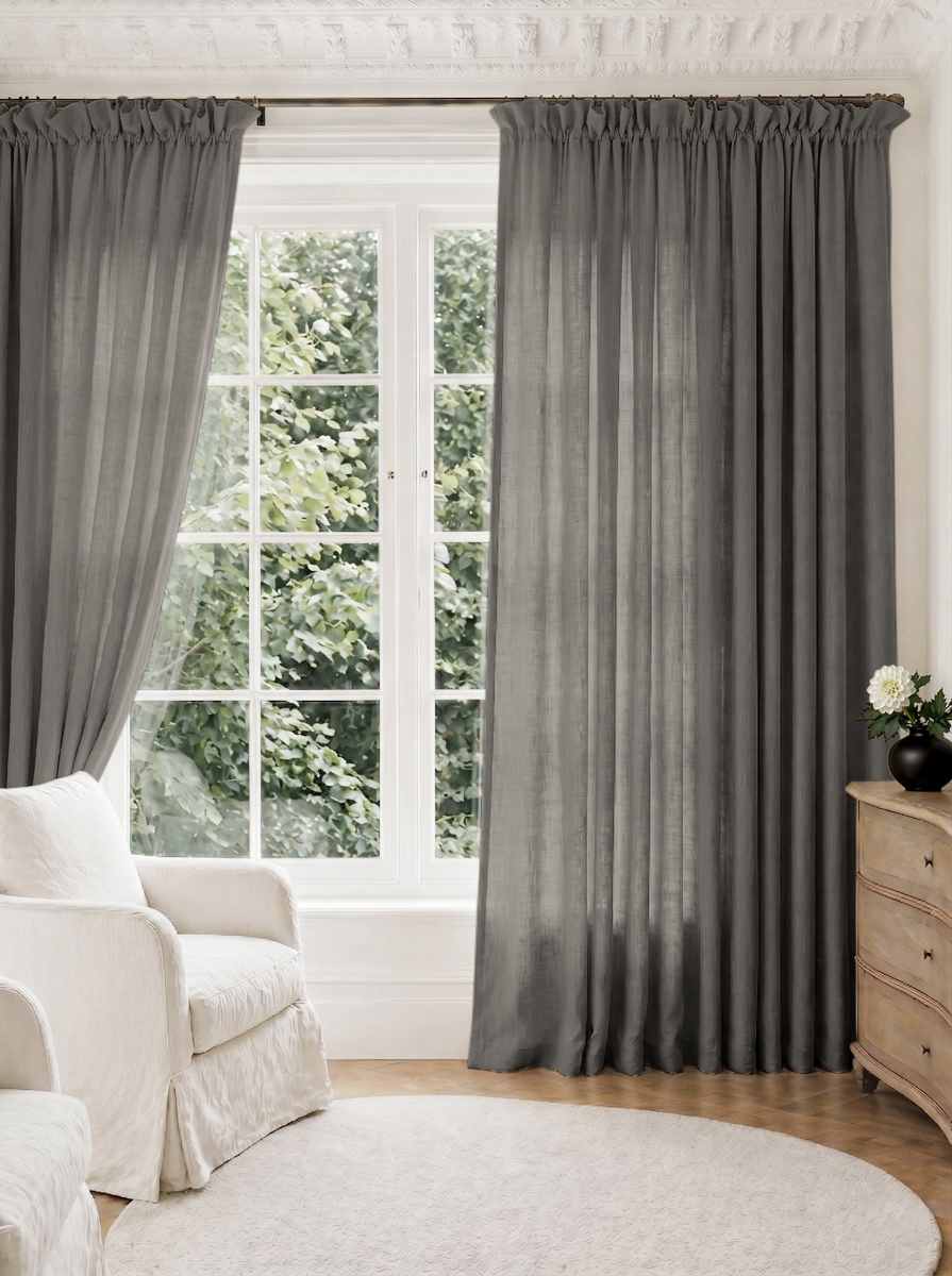Dark Grey Pleated Linen curtains for Living room. Made of pre-washed linen Bianco Granite by Ada & Ina.
