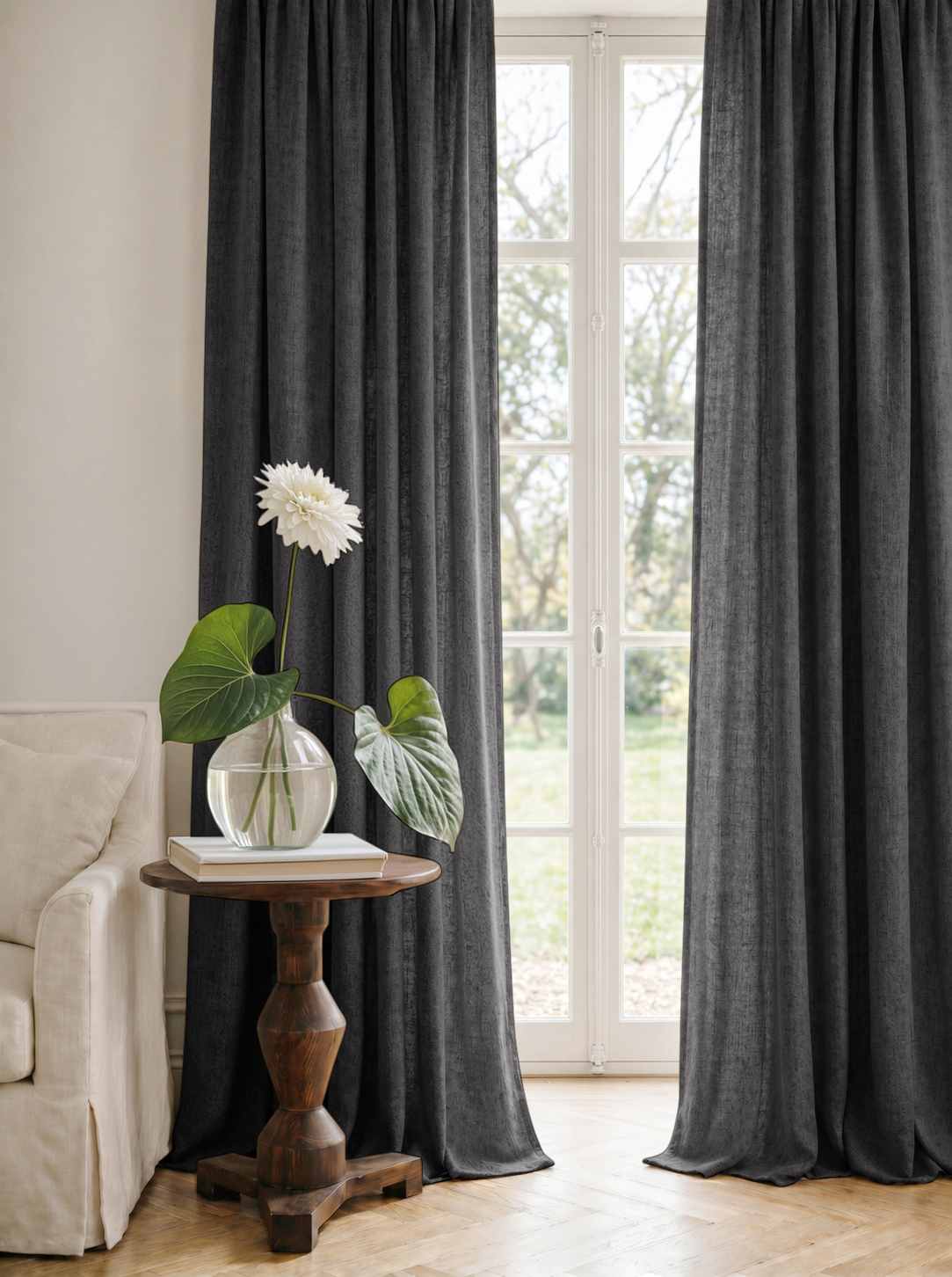 Dark Grey Linen Curtains - Cotton lined. Made of pre-washed 100% linen Bianco Asphalt by Ada & Ina.