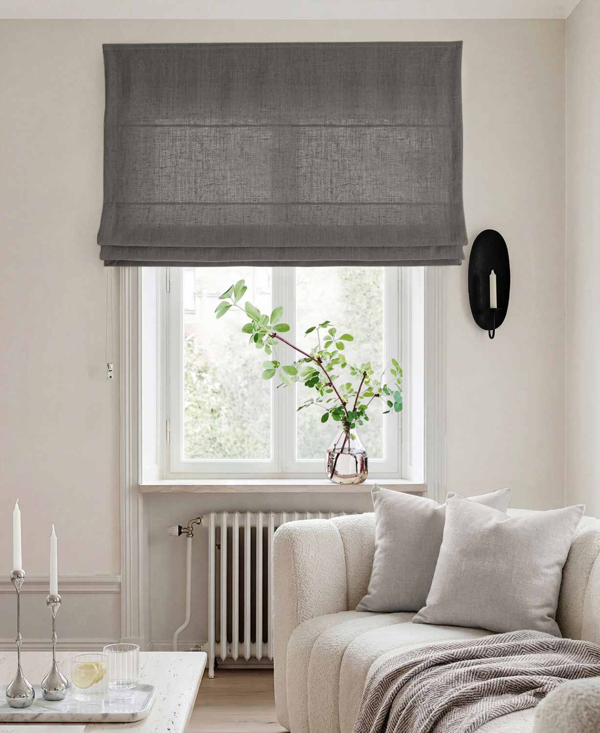 Dark Grey Linen Roman blind - Cotton lined. Made of pre-washed 100% linen Bianco Granite by Ada & Ina.