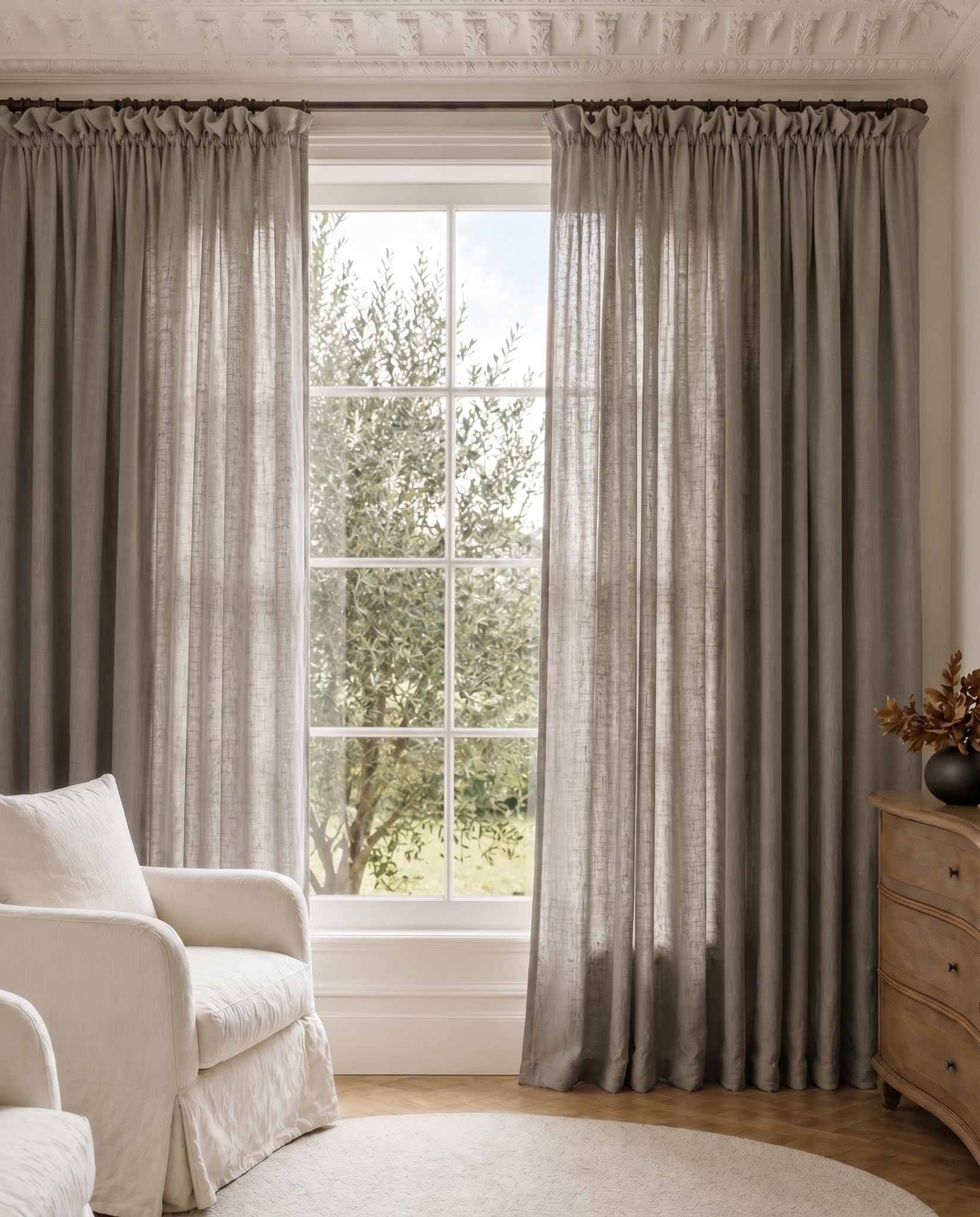Dark Grey Wide Linen Curtains. Made of double width 280 cm wide soft pure linen fabric Vilgot Granite by Ada & Ina