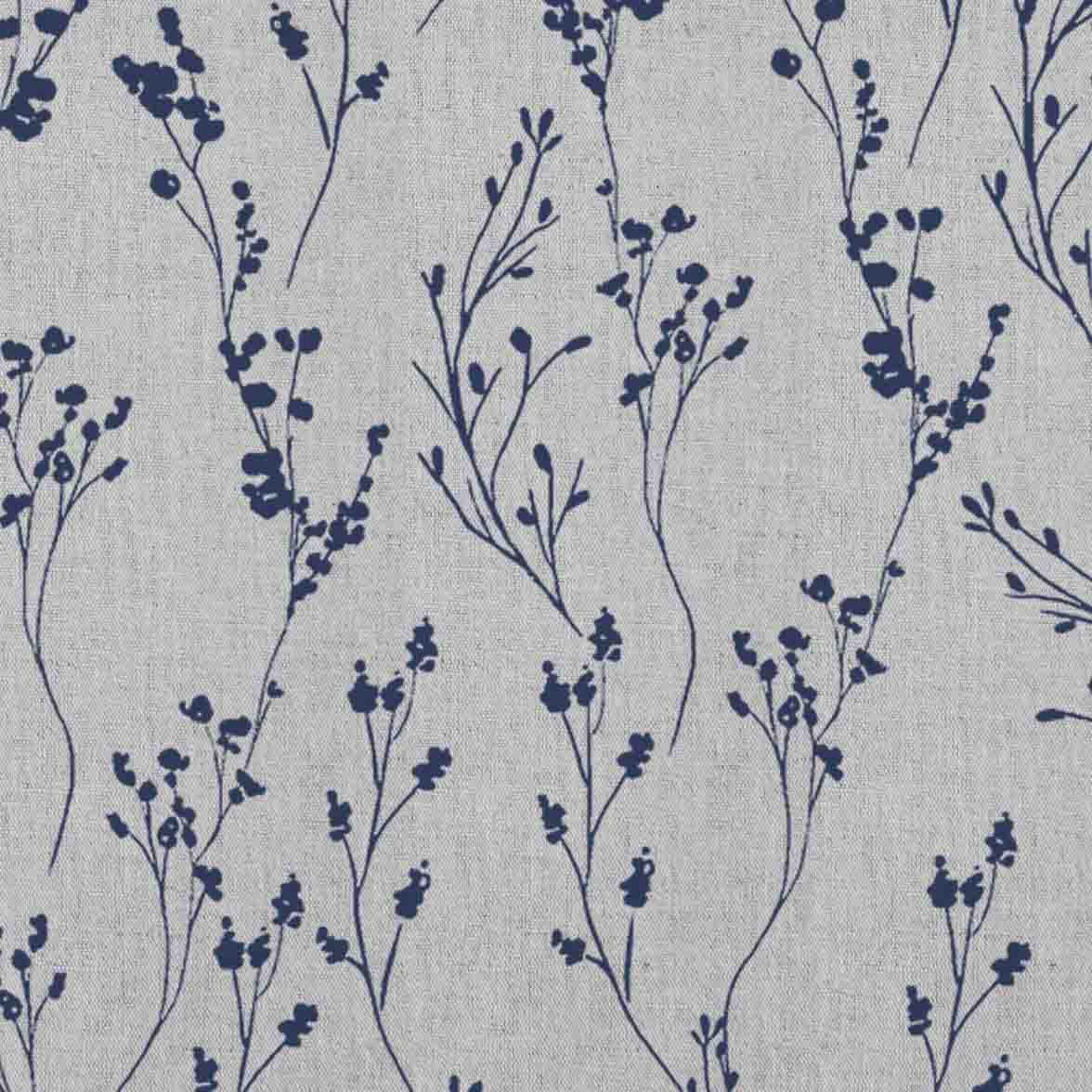 Saeeda Deep Blue - Natural curtain fabric with Dark Blue botanical print